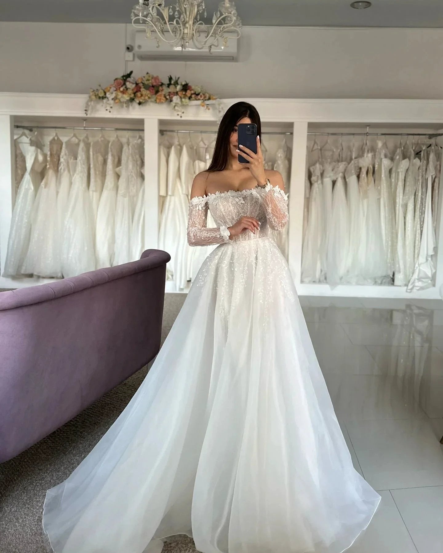 Vintage A-Line Tulle Lace Strapless Long Sleeve White Wedding Dresses With Split Front by misshow.com