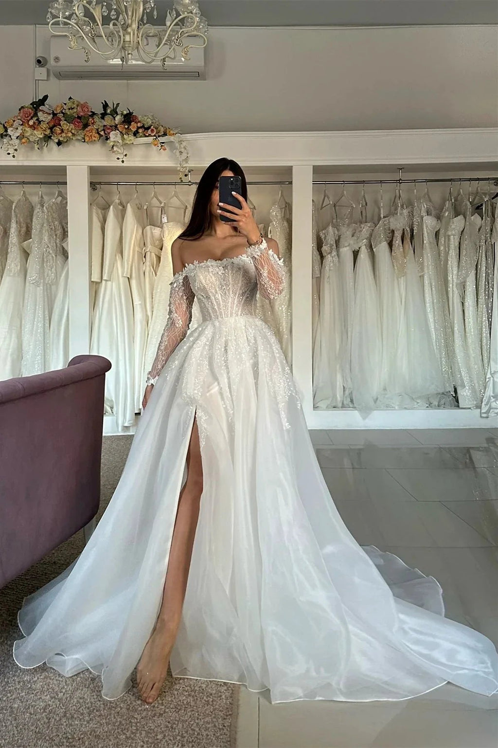 Vintage A-Line Tulle Lace Strapless Long Sleeve White Wedding Dresses With Split Front by misshow.com