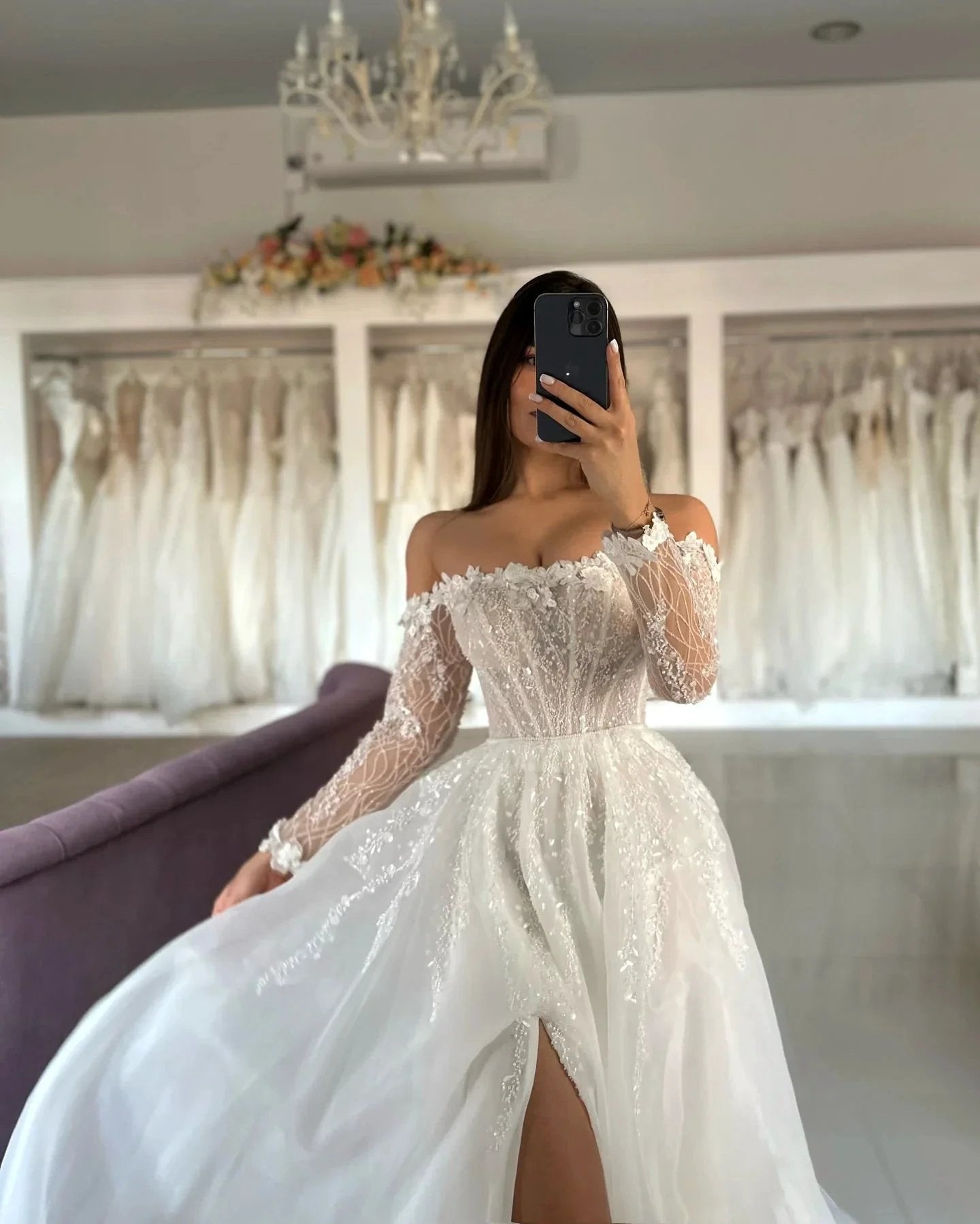 Vintage A-Line Tulle Lace Strapless Long Sleeve White Wedding Dresses With Split Front by misshow.com
