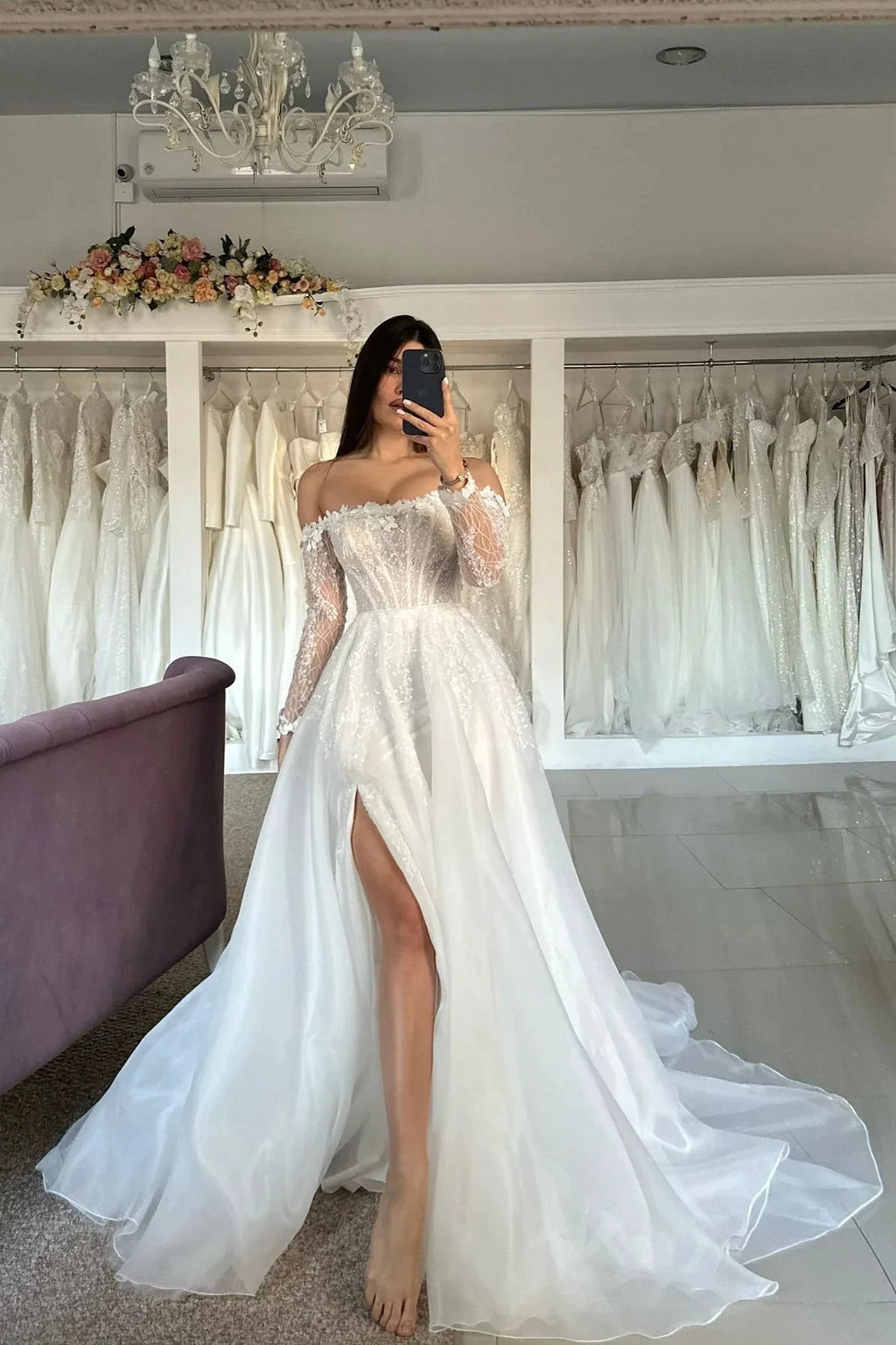 Vintage A-Line Tulle Lace Strapless Long Sleeve White Wedding Dresses With Split Front by misshow.com