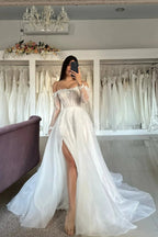 Vintage A-Line Tulle Lace Strapless Long Sleeve White Wedding Dresses With Split Front by misshow.com