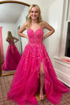 Vintage A-Line Tulle Spaghetti Straps Sleeveless Prom Dresses With Appliques Split Front by misshow.com