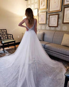 Vintage A-Line V-neck Tulle Open Back Wedding Dress by BIZTUNNEL