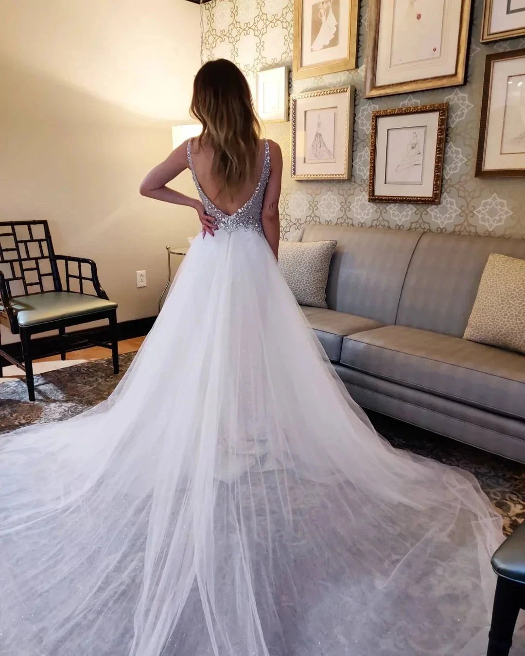 Vintage A-Line V-neck Tulle Open Back Wedding Dress by BIZTUNNEL