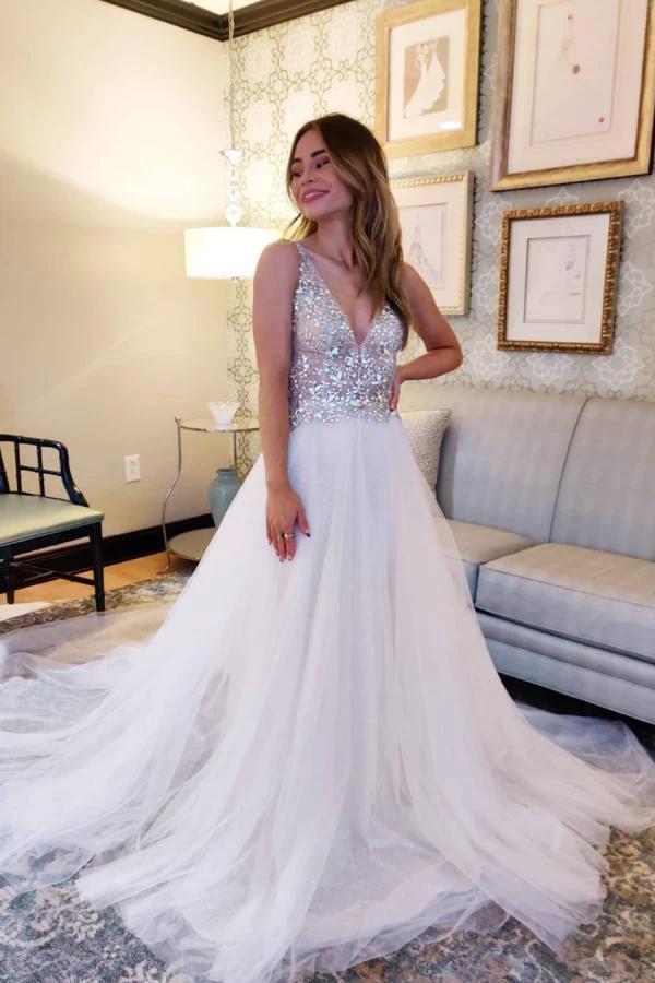 Vintage A-Line V-neck Tulle Open Back Wedding Dress by BIZTUNNEL
