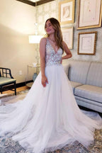 Vintage A-Line V-neck Tulle Open Back Wedding Dress by BIZTUNNEL