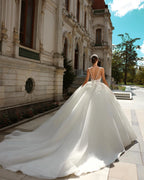 Vintage Ball Gown Lace Spaghetti Straps Sleeveless White Wedding Dress With Appliques Train by misshow.com