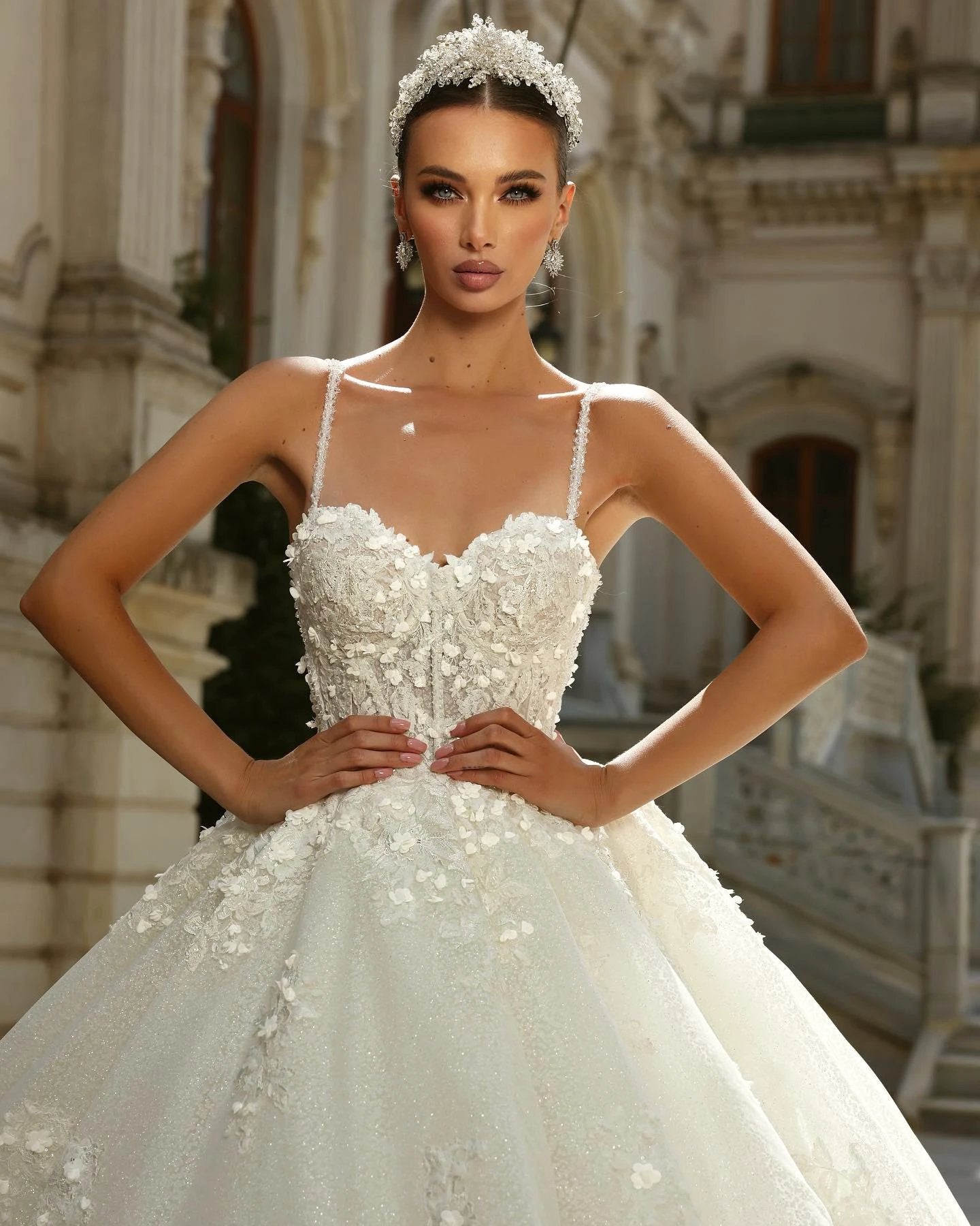 Vintage Ball Gown Lace Spaghetti Straps Sleeveless White Wedding Dress With Appliques Train by misshow.com