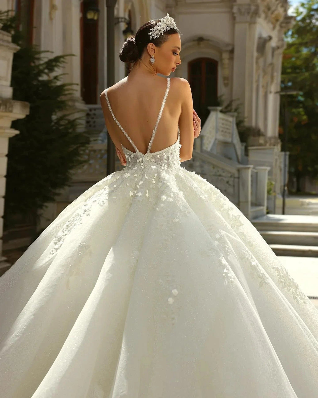 Vintage Ball Gown Lace Spaghetti Straps Sleeveless White Wedding Dress With Appliques Train by misshow.com