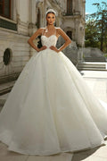 Vintage Ball Gown Lace Spaghetti Straps Sleeveless White Wedding Dress With Appliques Train by misshow.com