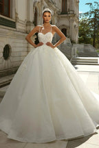 Vintage Ball Gown Lace Spaghetti Straps Sleeveless White Wedding Dress With Appliques Train by misshow.com