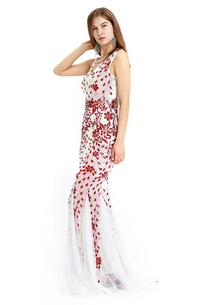 Vintage Beadings Mermaid Evening Gowns V-Neck Floor Length Prom Dress by misshow.com