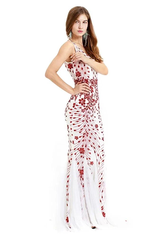 Vintage Beadings Mermaid Evening Gowns V-Neck Floor Length Prom Dress by misshow.com