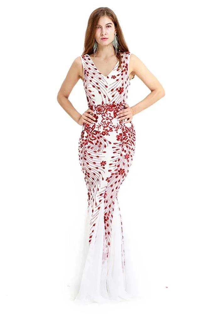 Vintage Beadings Mermaid Evening Gowns V-Neck Floor Length Prom Dress by misshow.com