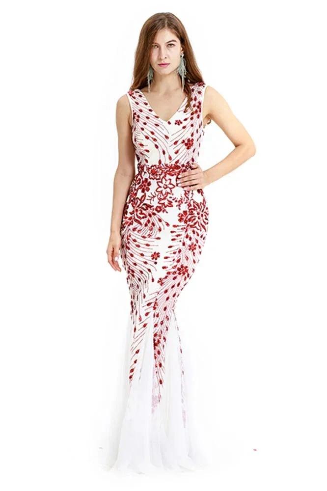 Vintage Beadings Mermaid Evening Gowns V-Neck Floor Length Prom Dress by misshow.com