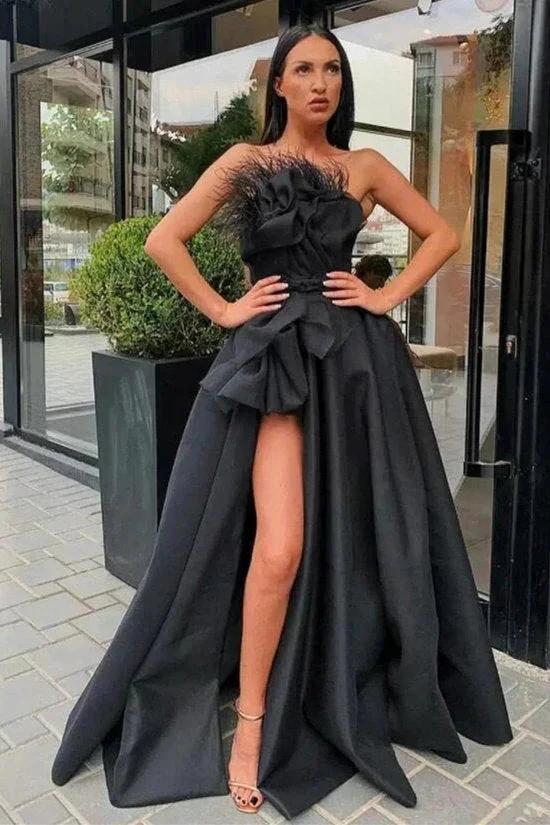Vintage Black Strapless Flower A-Line Floor-length Prom Dresses with Slit by misshow.com