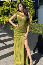 Vintage Column Chiffon Satin Sweetheart Cap Sleeve Prom Dress With Sequined Split by misshow.com