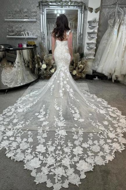 Vintage Column Lace V-Neck Sleeveless Ivory Wedding Dresses With Appliques Train by misshow.com