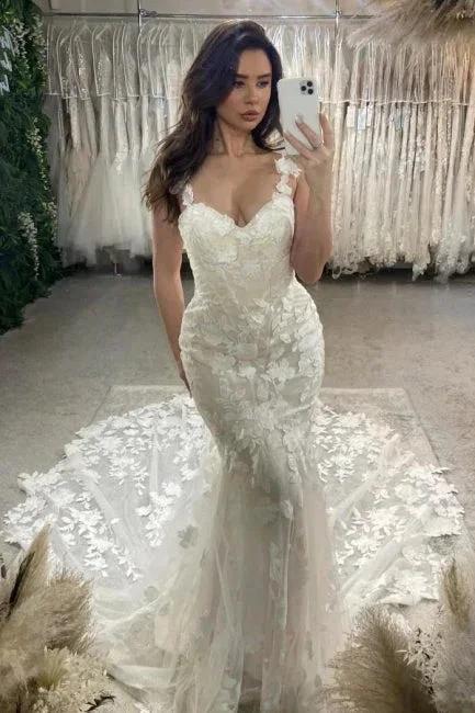Vintage Column Lace V-Neck Sleeveless Ivory Wedding Dresses With Appliques Train by misshow.com