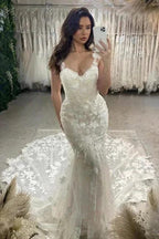 Vintage Column Lace V-Neck Sleeveless Ivory Wedding Dresses With Appliques Train by misshow.com