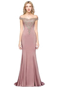 Vintage Column Off-The-Shoulder Sleeveless Satin Prom Dress by misshow.com