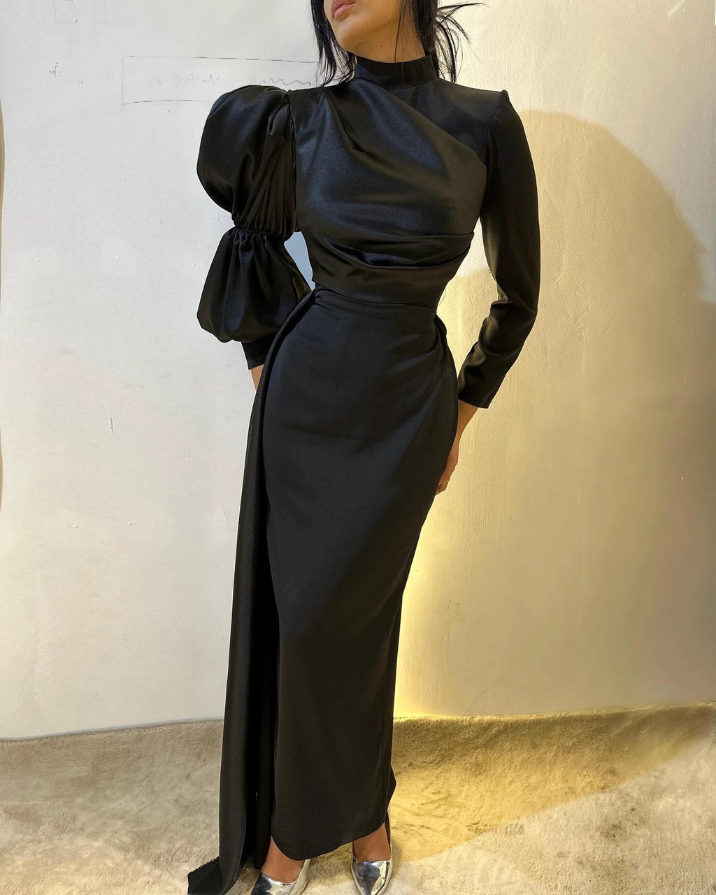 Vintage Column Satin High Neck Long Sleeve Black Prom Dress With Ruffles by misshow.com