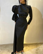 Vintage Column Satin High Neck Long Sleeve Black Prom Dress With Ruffles by misshow.com