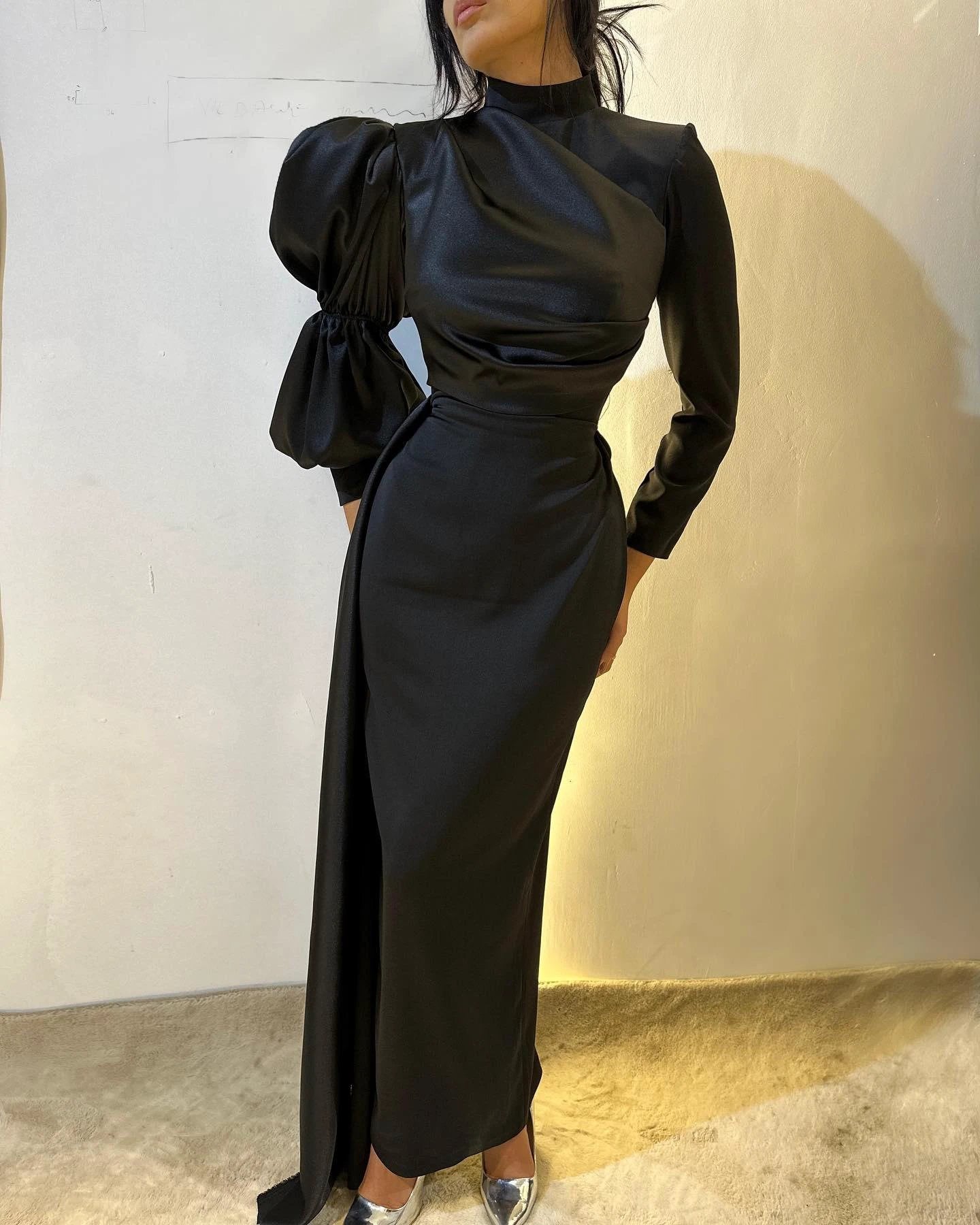 Vintage Column Satin High Neck Long Sleeve Black Prom Dress With Ruffles by misshow.com