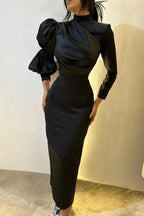 Vintage Column Satin High Neck Long Sleeve Black Prom Dress With Ruffles by misshow.com