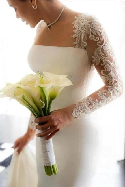 Vintage Column Satin Lace Long Sleeve White Wedding Dress With Appliques by misshow.com