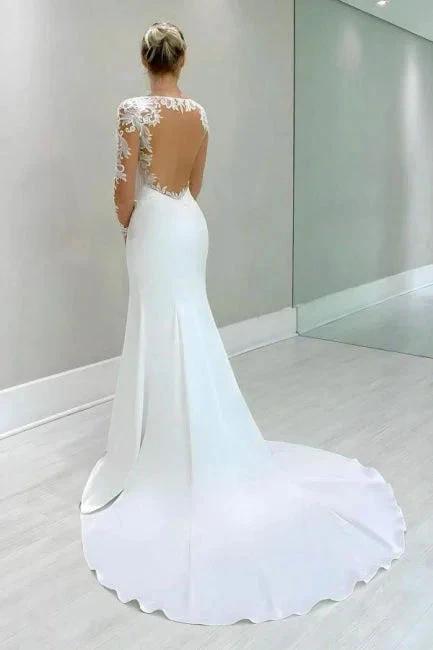 Vintage Column Satin Lace Long Sleeve White Wedding Dress With Appliques by misshow.com