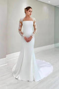 Vintage Column Satin Lace Long Sleeve White Wedding Dress With Appliques by misshow.com