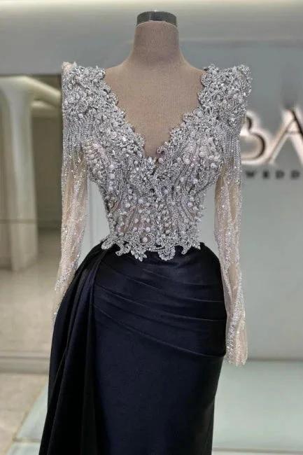 Vintage Column Satin Lace V-Neck Long Sleeve Black Prom Dress With Beading by misshow.com