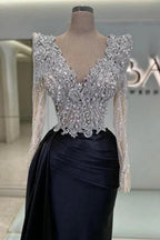 Vintage Column Satin Lace V-Neck Long Sleeve Black Prom Dress With Beading by misshow.com