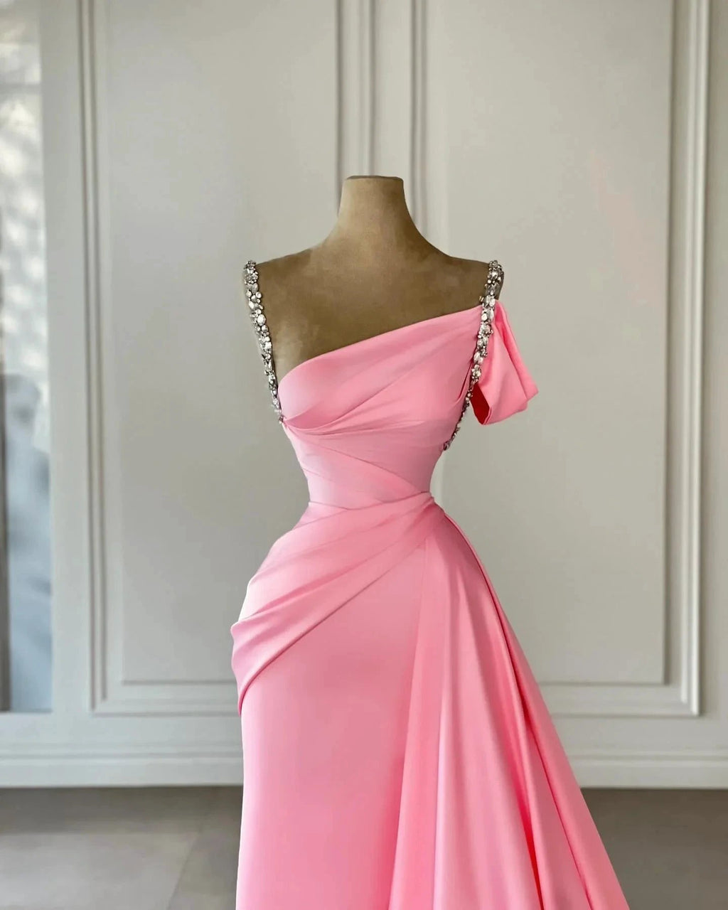 Vintage Column Satin Off-The-Shoulder Sleeveless Pink Prom Dress With Rhinestone by misshow.com