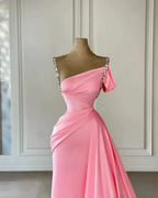 Vintage Column Satin Off-The-Shoulder Sleeveless Pink Prom Dress With Rhinestone by misshow.com