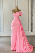 Vintage Column Satin Off-The-Shoulder Sleeveless Pink Prom Dress With Rhinestone by misshow.com