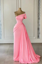 Vintage Column Satin Off-The-Shoulder Sleeveless Pink Prom Dress With Rhinestone by misshow.com