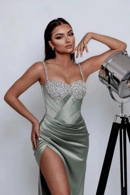 Charming Column Satin One Shoulder Sleeveless Green Prom Dress With Split Front by misshow.com