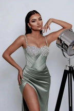 Charming Column Satin One Shoulder Sleeveless Green Prom Dress With Split Front by misshow.com
