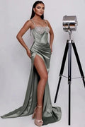Charming Column Satin One Shoulder Sleeveless Green Prom Dress With Split Front by misshow.com