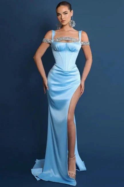 Vintage Column Satin Square Sleeveless Prom Dresses With Split Front by misshow.com