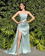 Vintage Column Satin Strapless Sleeveless Prom Dresses With Ruffles Split Train by misshow.com