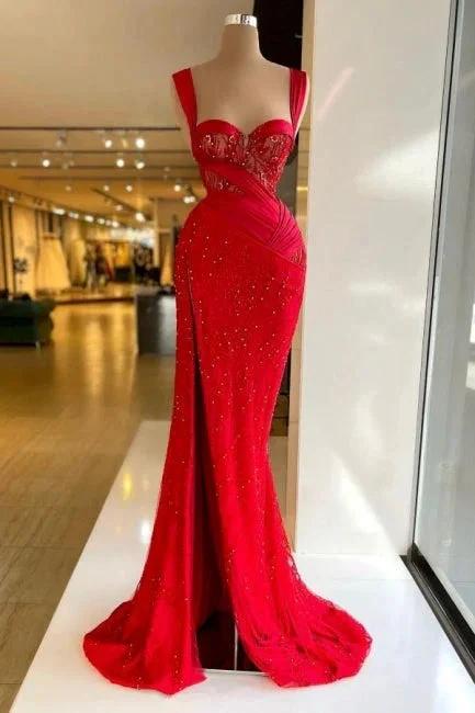 Vintage Column Satin Sweetheart Sleeveless Red Prom Dress With Split by misshow.com