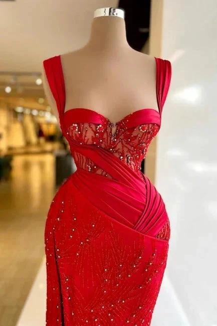 Vintage Column Satin Sweetheart Sleeveless Red Prom Dress With Split by misshow.com
