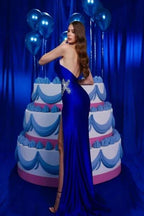 Vintage Column Satin V-Neck Sleeveless Blue Prom Dress With Ruffles Split by misshow.com
