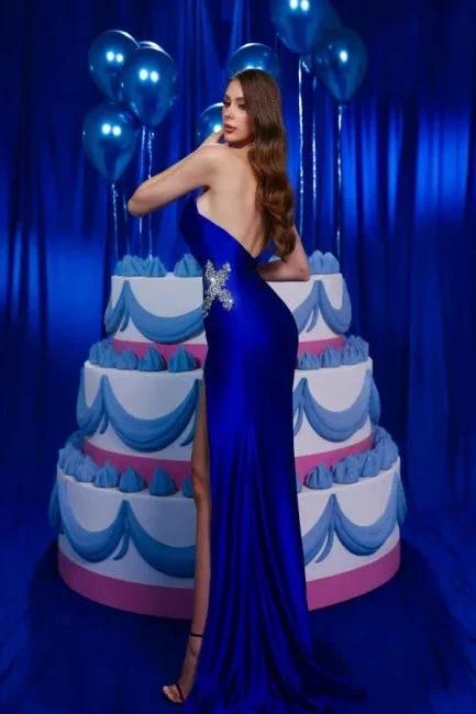 Vintage Column Satin V-Neck Sleeveless Blue Prom Dress With Ruffles Split by misshow.com