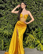 Vintage Column Satin V-Neck Sleeveless Yellow Prom Dresses With Split Front by misshow.com
