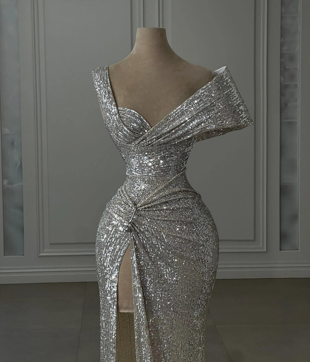 Vintage Column Sequined Off-The-Shoulder Sleeveless Silver Prom Dresses With Split Front by misshow.com