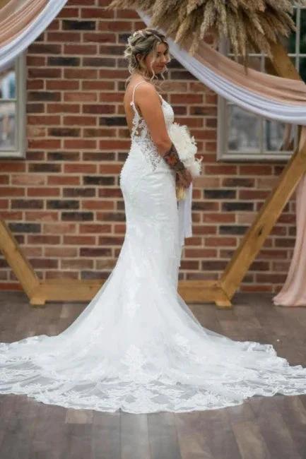 Vintage Column Tulle Lace Spaghetti Straps Sleeveless White Wedding Dress With Appliques Train by misshow.com